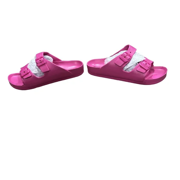 New without box PrettyLittleThing Pink Double Buckle Rubber Pink Sliders size 7 - Picture 3 of 6